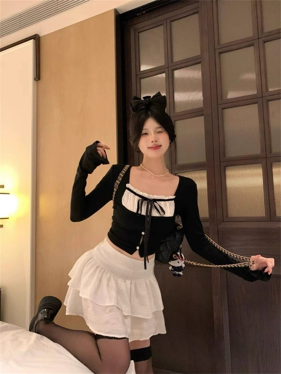 辣妹芭蕾風套裝長袖修身撞色拼接上衣女裝秋季荷葉邊半身裙兩件套
