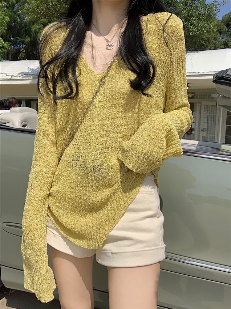 薄款小眾V領開衫女打底衫春季修身寬鬆黑色內搭針織衫設計感上衣