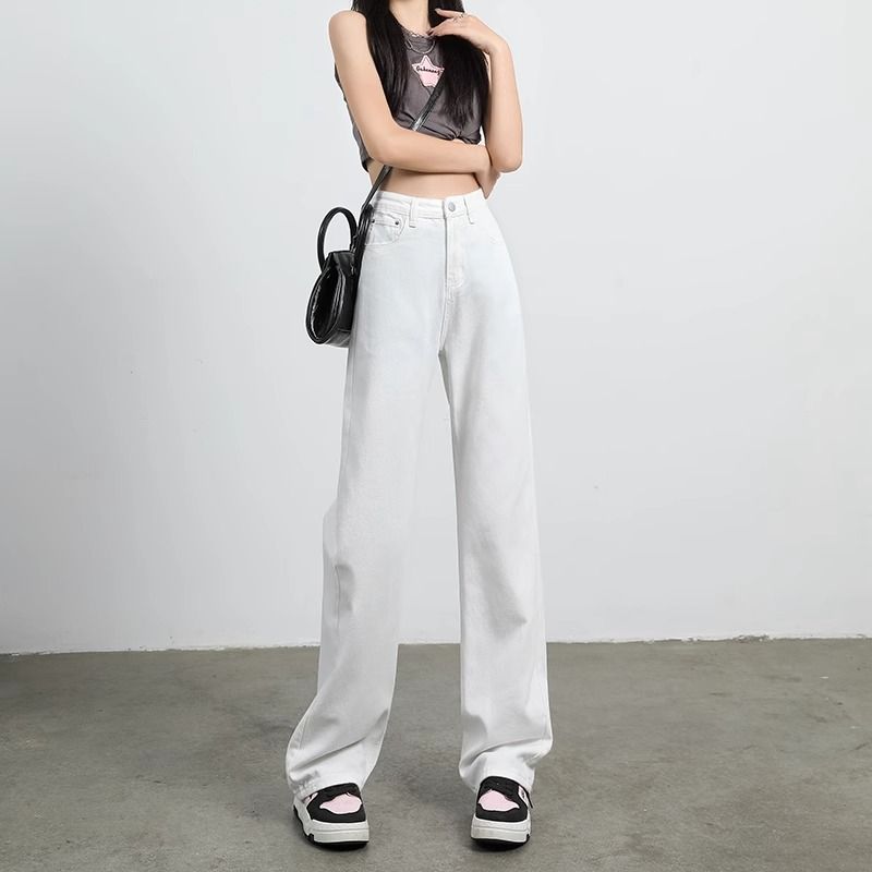 白色闊腿牛仔褲女秋季2023年新款高腰顯瘦垂感寬鬆直筒拖地褲子女