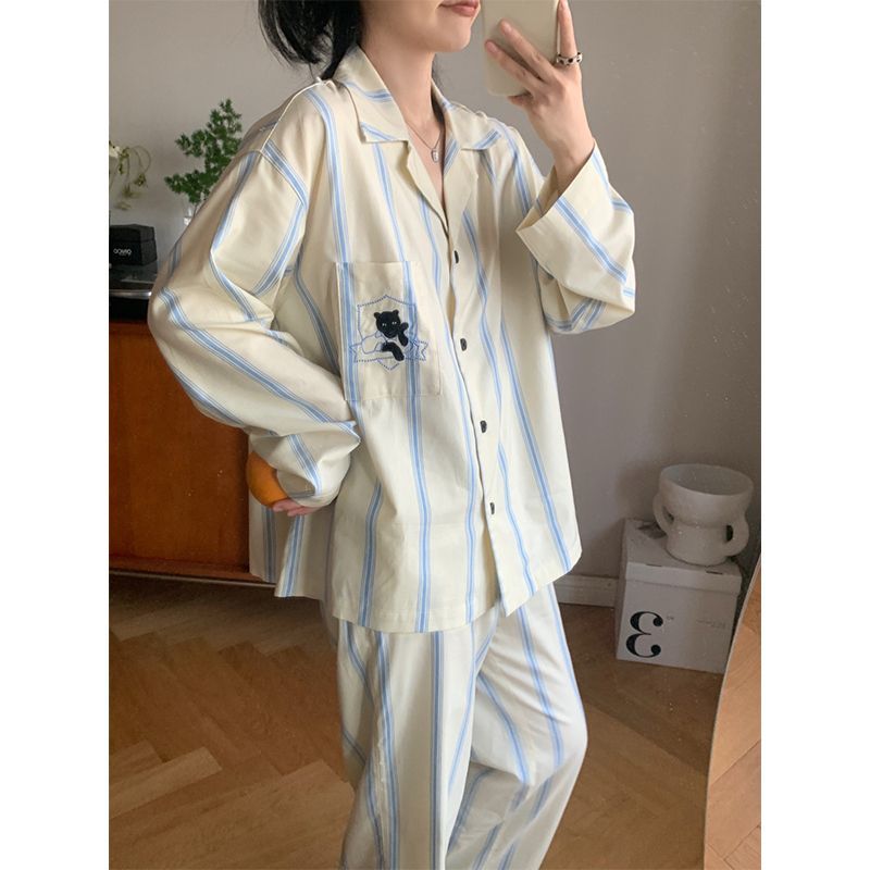 高級感條紋黑豹睡衣女春秋季長袖長褲甜美可愛家居服套裝可外穿