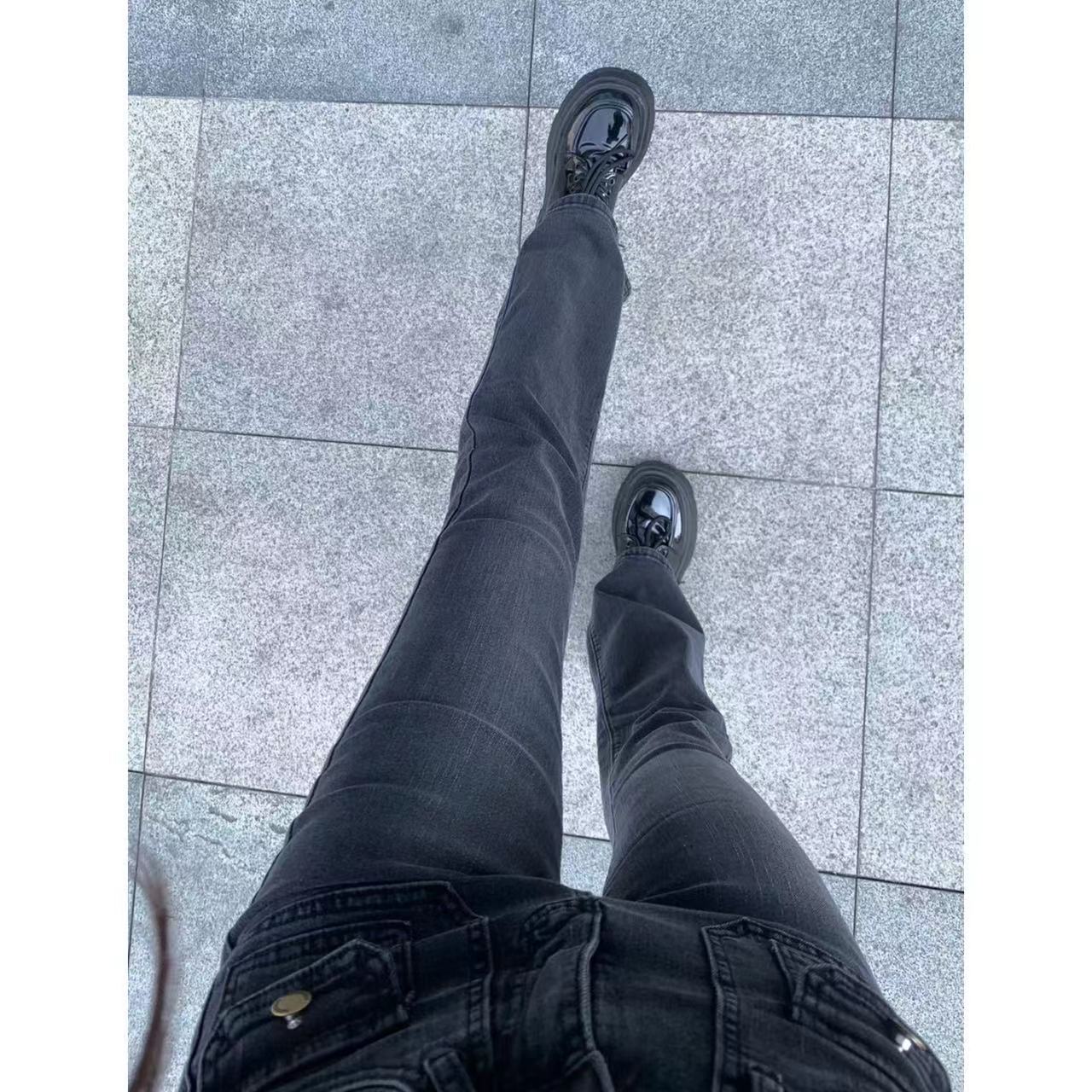 黑灰色微喇叭牛仔褲女修身顯瘦彈力做舊馬蹄水洗美式口袋高腰潮流