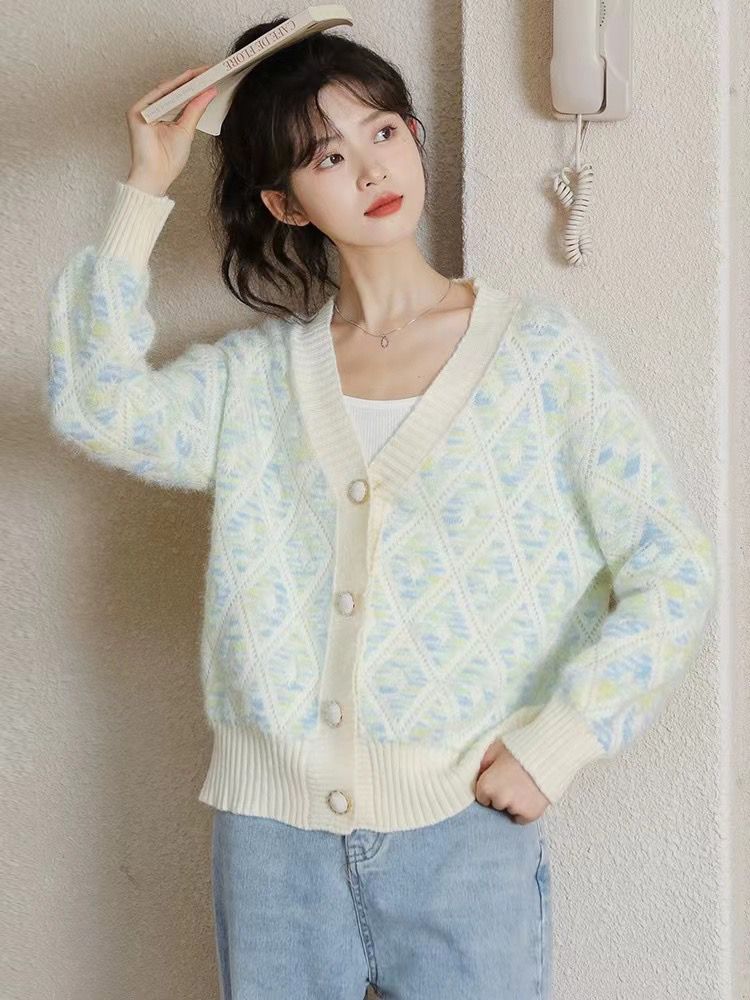 漸變色菱格毛衣外套女2023秋冬新款韓系溫柔寬鬆慵懶風針織開衫厚