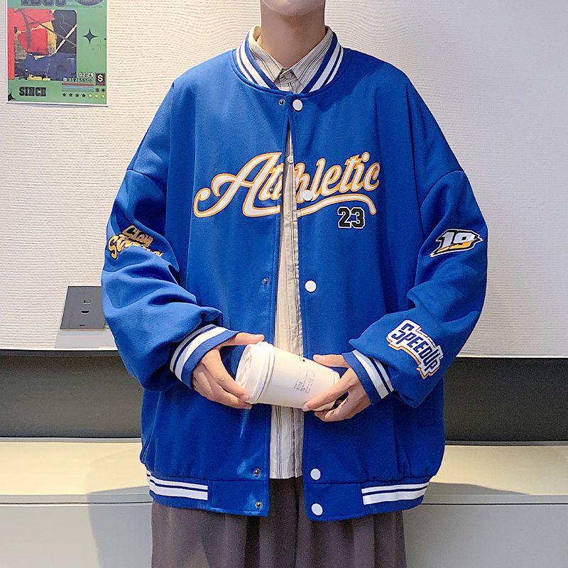 夾克男士外套春秋棒球衣服港風潮流2023新款圓領牛仔休閒秋裝男裝