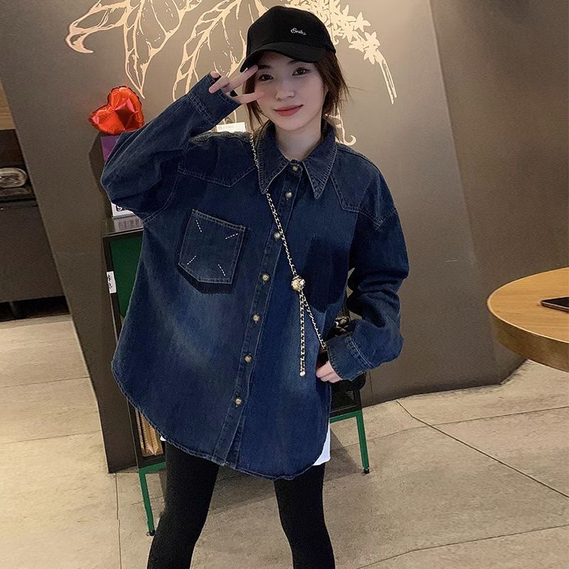 設計感撞色復古牛仔襯衫女2023春秋新款大碼顯瘦中長款襯衣上衣服