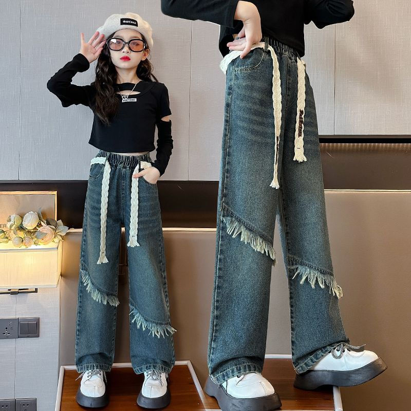 女童牛仔褲春秋2023新款時髦兒童秋裝褲子女孩秋季休閒寬鬆闊腿褲