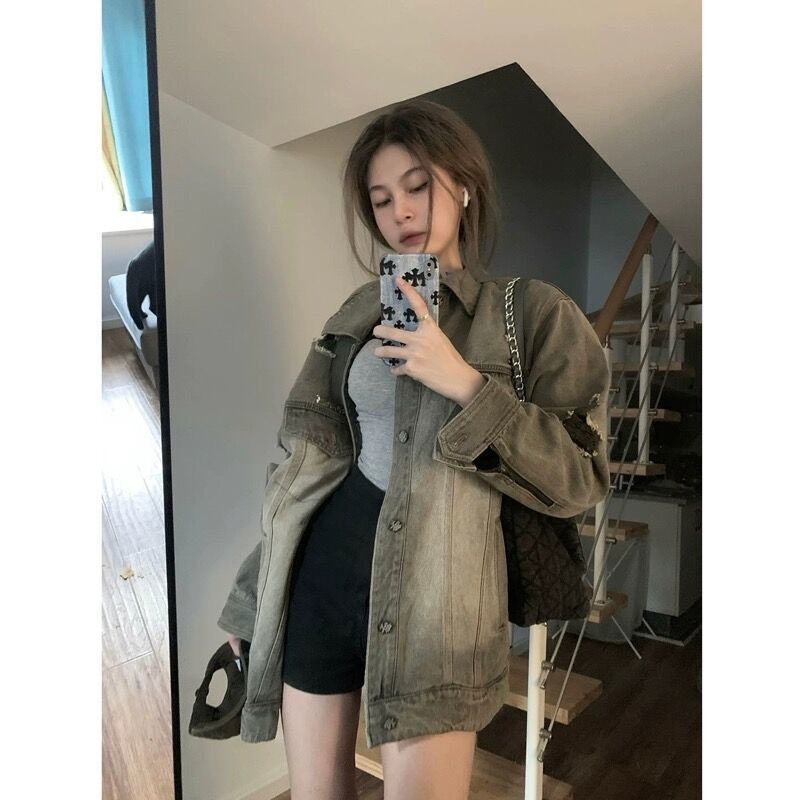 美式復古牛仔外套女秋季vintage小眾設計感2023新款潮夾克棒球服