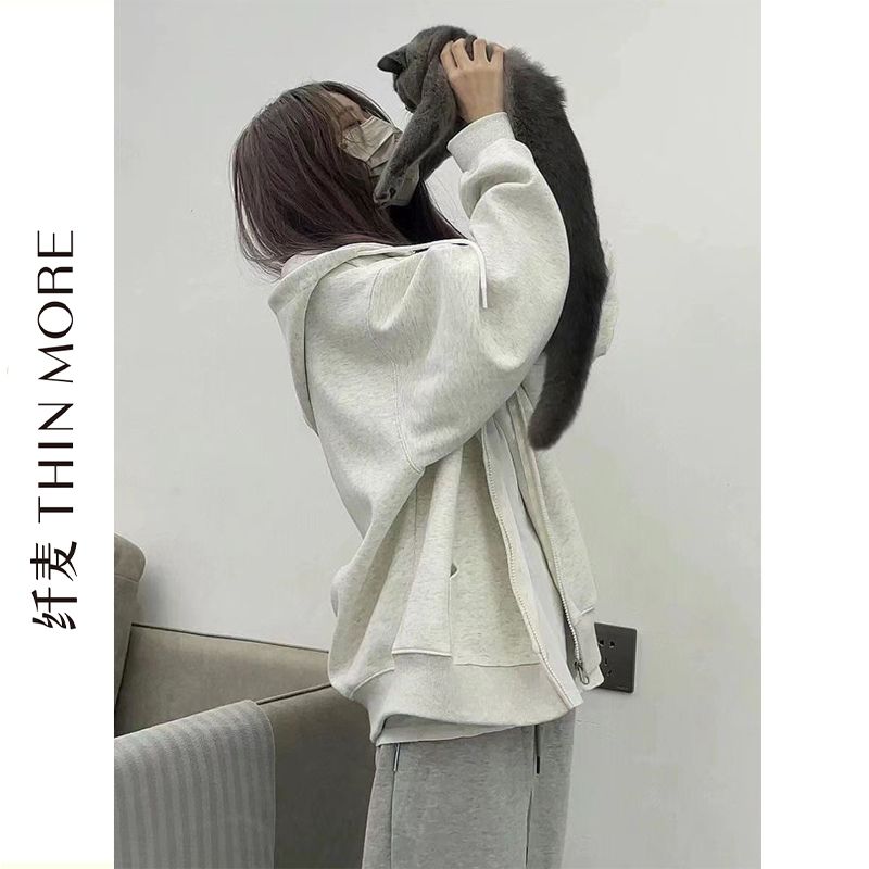 Fianmai 380G heavyweight pure cotton American retro zipper sweatshirt for women 2023 thin lazy style versatile jacket top