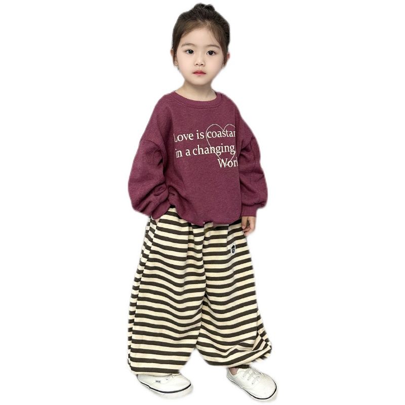 韩国童装女童洋气卫衣套装2023秋新款女宝圆领套头衫阔腿裤两件套