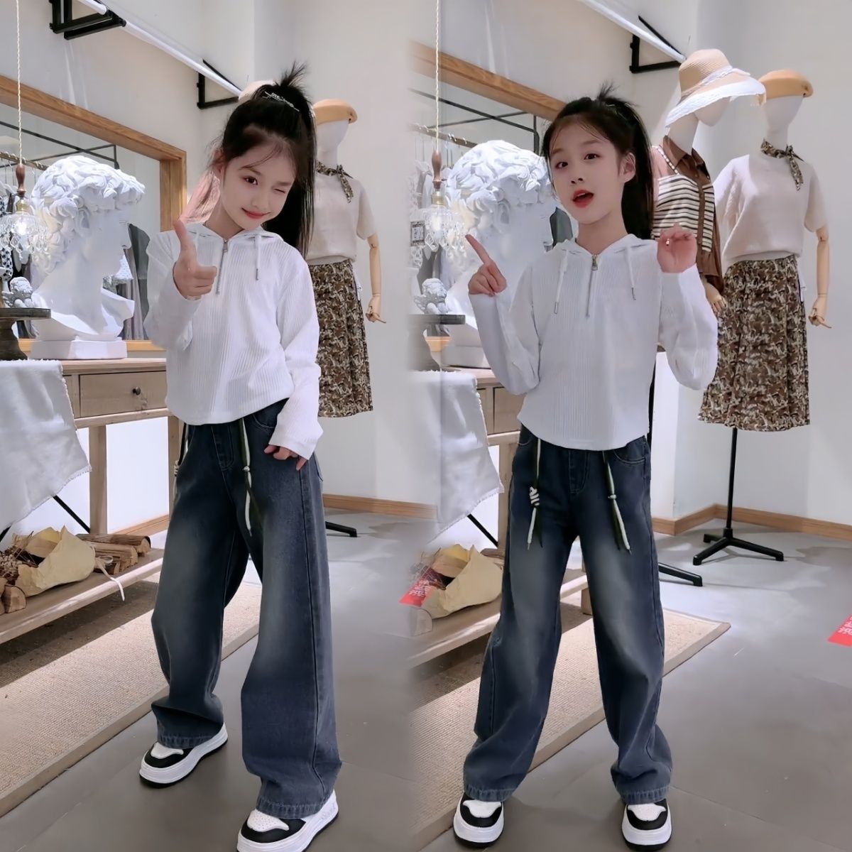 女童時尚半拉鏈連帽長袖上衣2023新款秋韓版百搭闊腿牛仔褲套裝潮