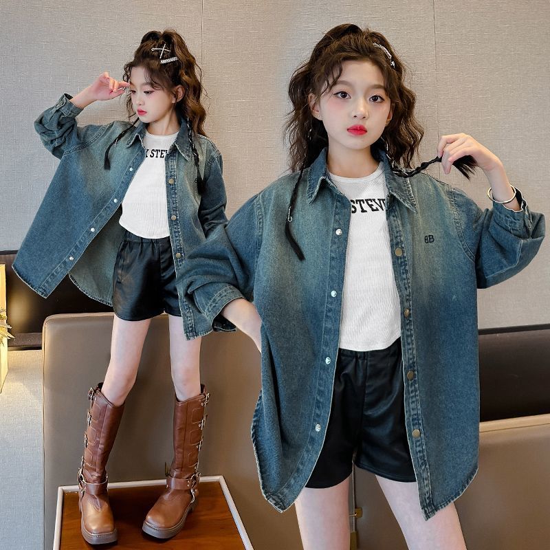 Girls' Denim Jacket 2023 New Spring and Autumn Clothing Loose Western Style Shirts for Medium and Large Children Long Sleeve Shirts Tops
