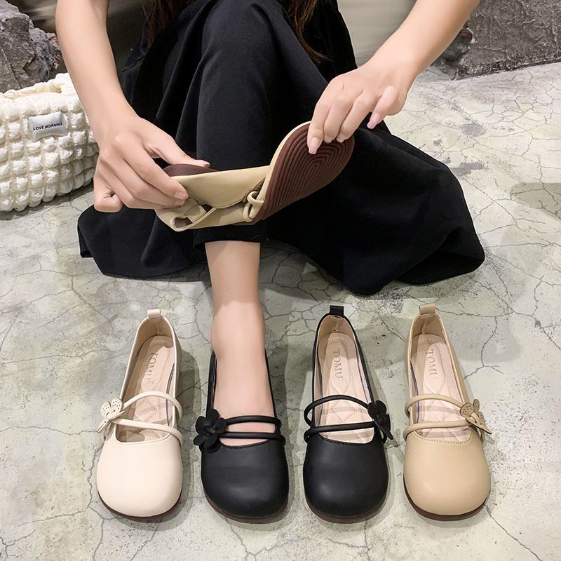 瑪麗珍鞋女夏2023新款法式單鞋春秋季軟底涼鞋平底豆豆孕婦小皮鞋