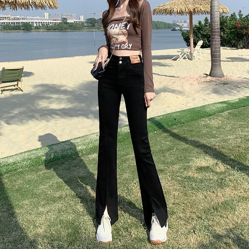 黑色開叉牛仔褲女秋2023年新款爆款高腰緊身顯高顯瘦拖地微喇叭褲