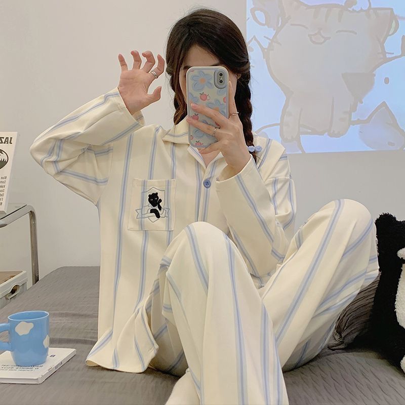 可愛小黑豹睡衣女春秋新款長袖長褲條紋日系ins風卡通家居服外穿