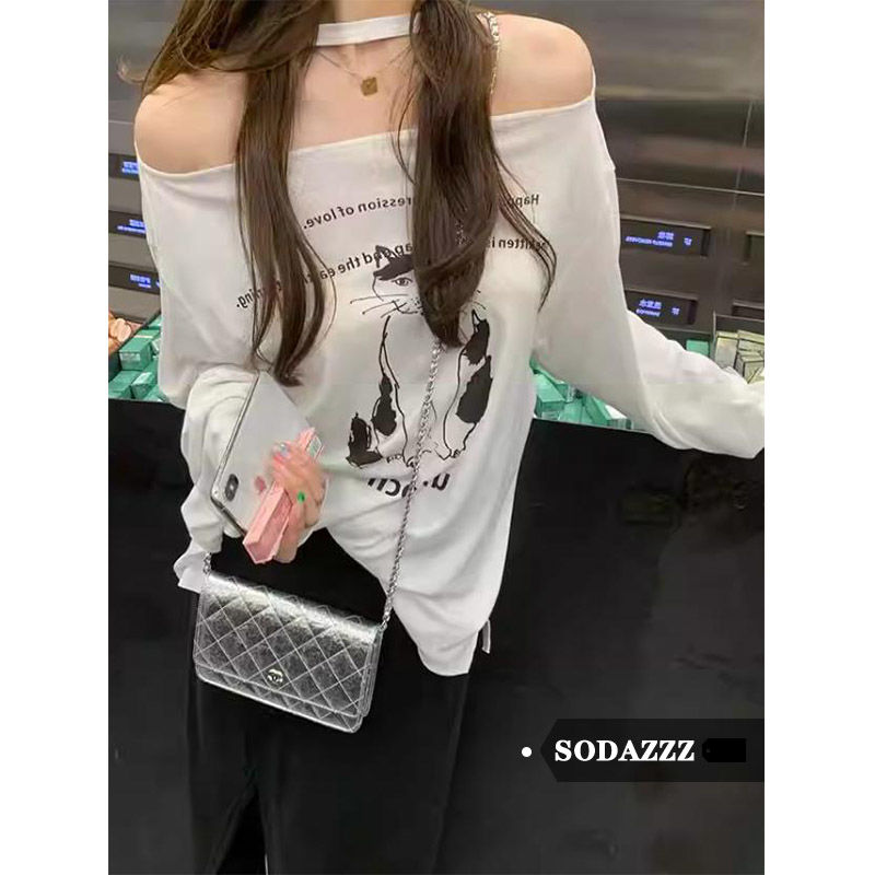 SODAZZZ一字肩上衣印花長袖t恤女春秋薄款寬鬆露肩掛脖打底防曬