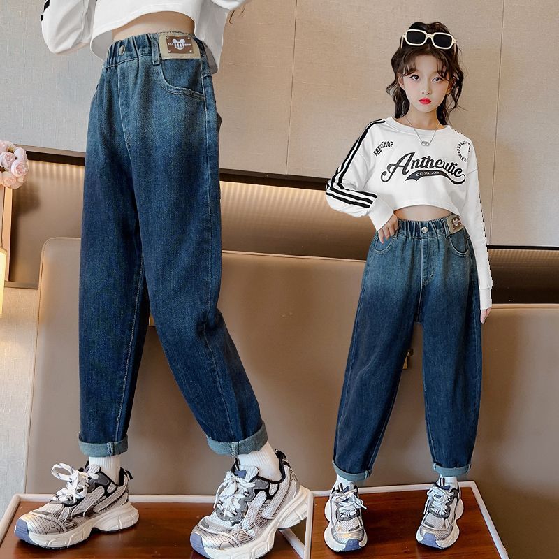 女童褲子春秋2023新款中大童秋季時髦女孩休閒外穿兒童秋裝牛仔褲