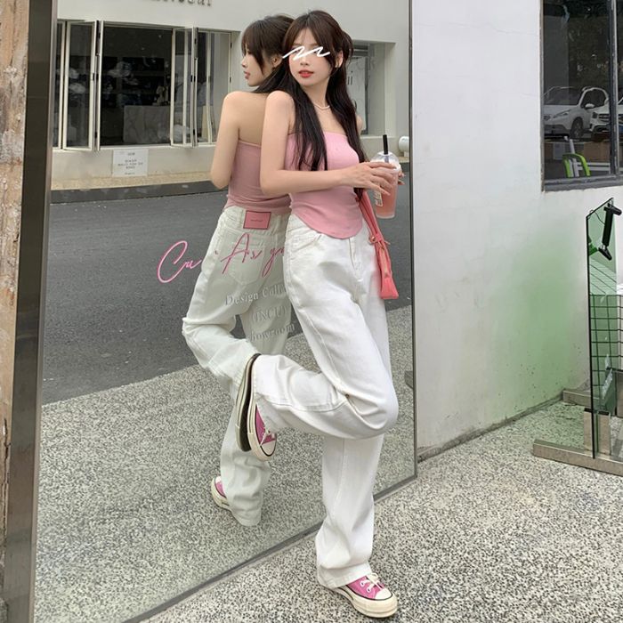 白色高腰牛仔褲女秋季美式高街寬鬆直筒韓版闊腿褲穿搭拖地長褲子