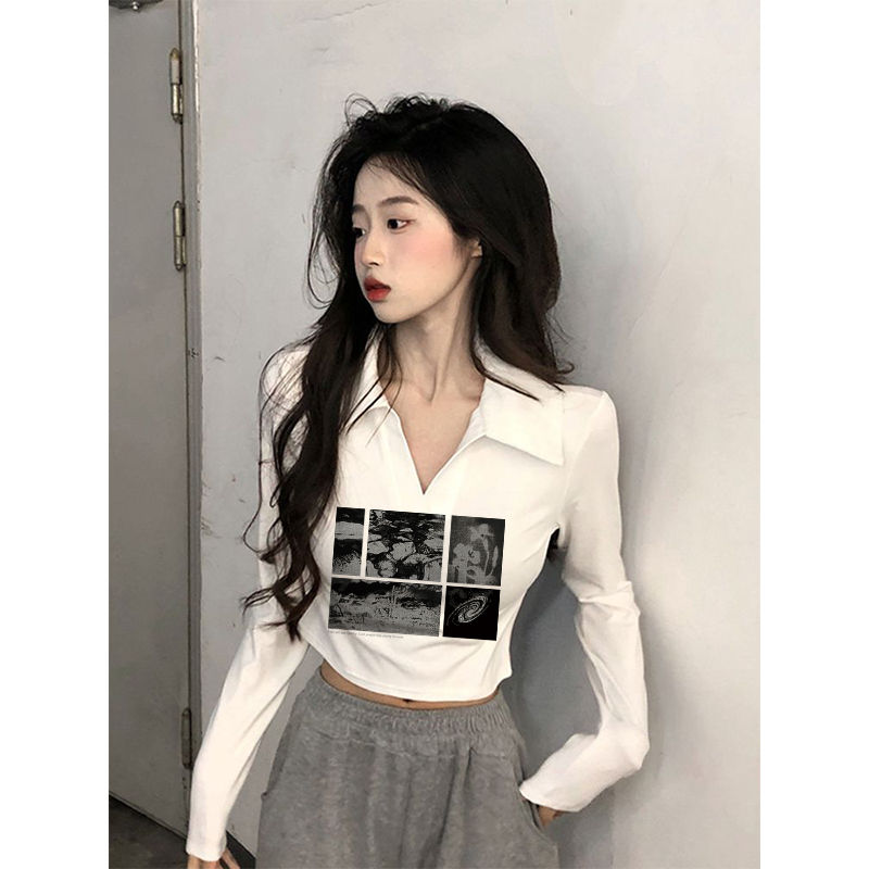 純棉polo領純欲風長袖T恤女新款早秋設計感甜辣小眾修身顯瘦上衣