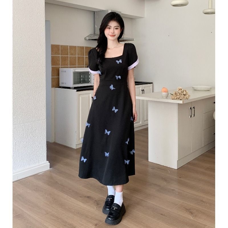 陌伯格大碼法式重工蝴蝶黑色連衣裙女夏季裙子收腰顯瘦中長A字裙