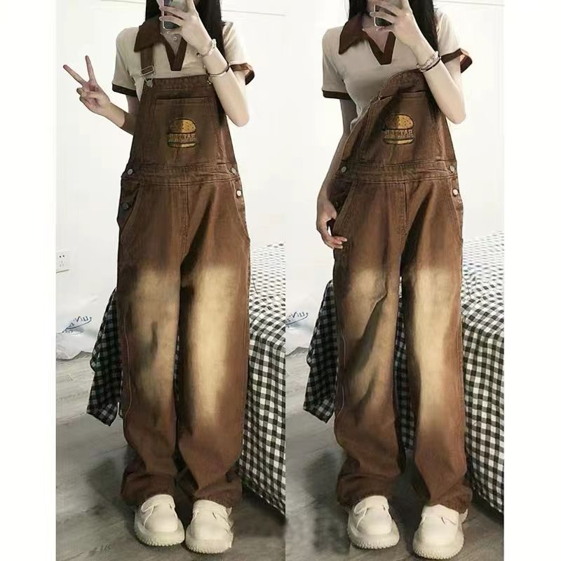 Age-reducing American-style hamburger embroidered denim overalls for women in spring, autumn and winter plus size fat girls loose and slimming one-piece pants