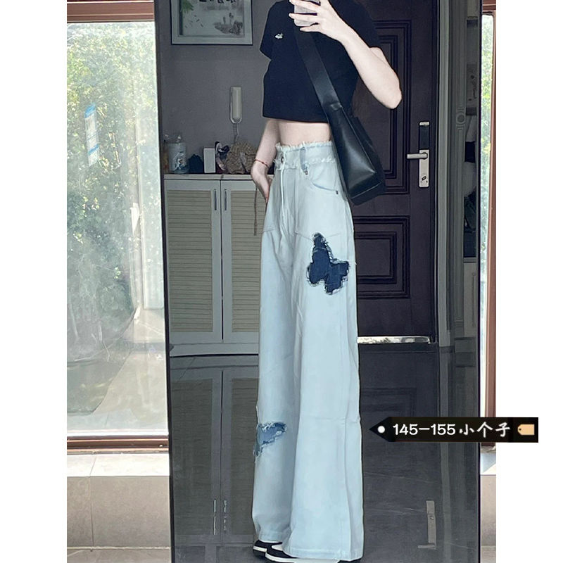 小個子蝴蝶貼布設計感闊腿牛仔褲女秋季新款高腰直筒顯瘦寬鬆長褲