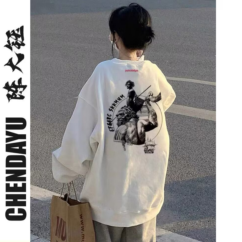 【純棉】白色圓領美式復古ins潮牌女2023秋季薄款小個子港風衛衣