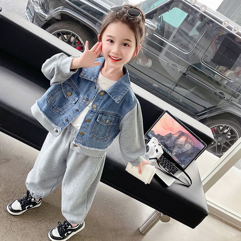 Girls Spring and Autumn Suits 2023 New Style Internet Celebrities Fashionable Girls Baby Autumn Children's Clothing Autumn Denim