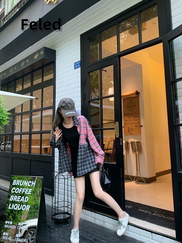 飛拉丹頓早秋不規則格子襯衫男女撞色拼接寬鬆休閒長袖百搭上衣