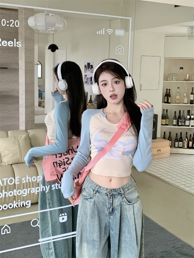 純欲風多巴胺撞色印花長袖T恤薄女裝早秋甜辣妹修身短款露臍上衣
