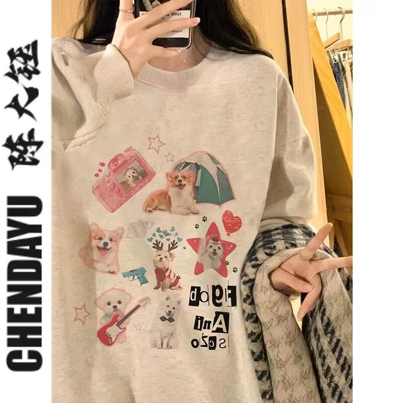【純棉】美式復古正肩卡通趣味衛衣女潮牌設計感小眾oversize上衣