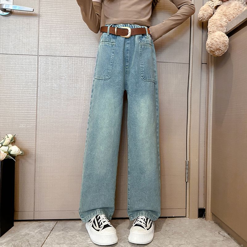 女童牛仔褲秋裝2023新款兒童洋氣大童休閒長褲春秋款女孩直筒褲子