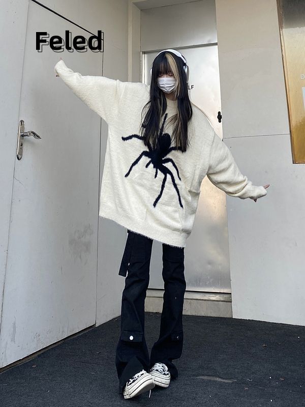 飛拉丹頓美式復古小眾蜘蛛毛衣男女百搭寬鬆針織衫潮街頭情侶上衣
