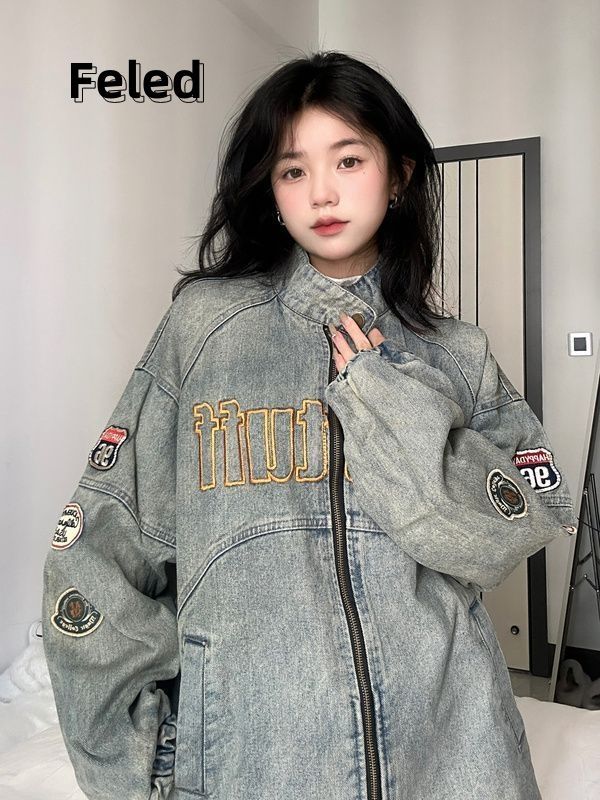 Feila Denton American retro motorcycle style denim jacket for men and women 2023 early autumn new jacket versatile top