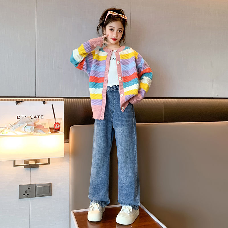 女童針織開衫外套春秋2023新款兒童秋裝上衣韓版女孩條紋毛衣洋氣