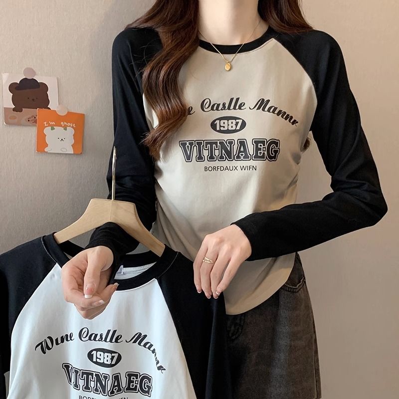 設計感插肩美式復古T恤女2023秋冬季打底衫不規則小眾顯瘦上衣ins