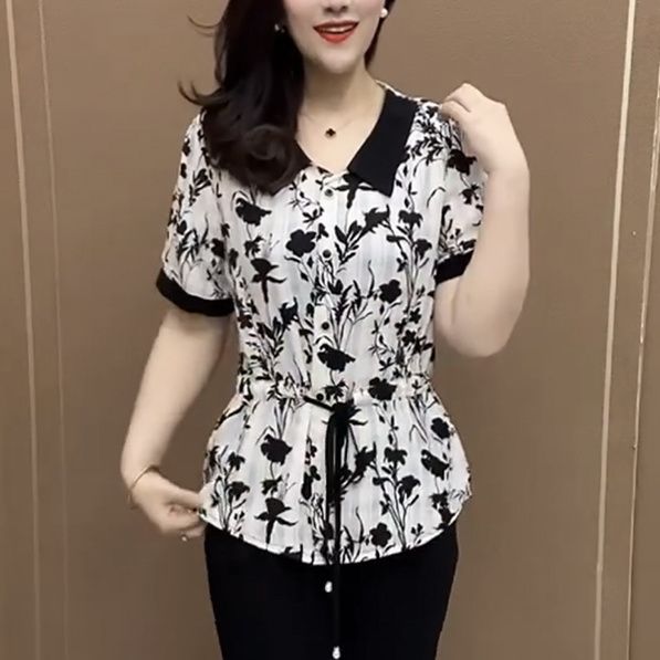 短袖碎花雪紡衫女夏季新款時尚抽繩收腰遮肚上衣媽媽漂亮氣質小衫