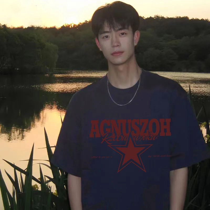 美式街頭圖案印花純棉五分袖T恤男寬鬆顯瘦夏季青春男高半袖上衣