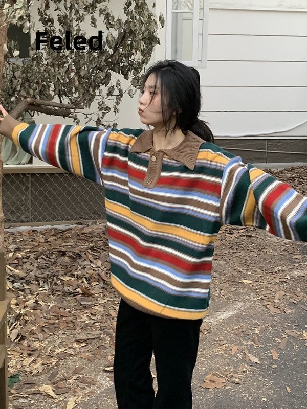 飛拉丹頓彩色條紋Polo領毛針織衫男女早秋寬鬆甜美復古翻領毛衣