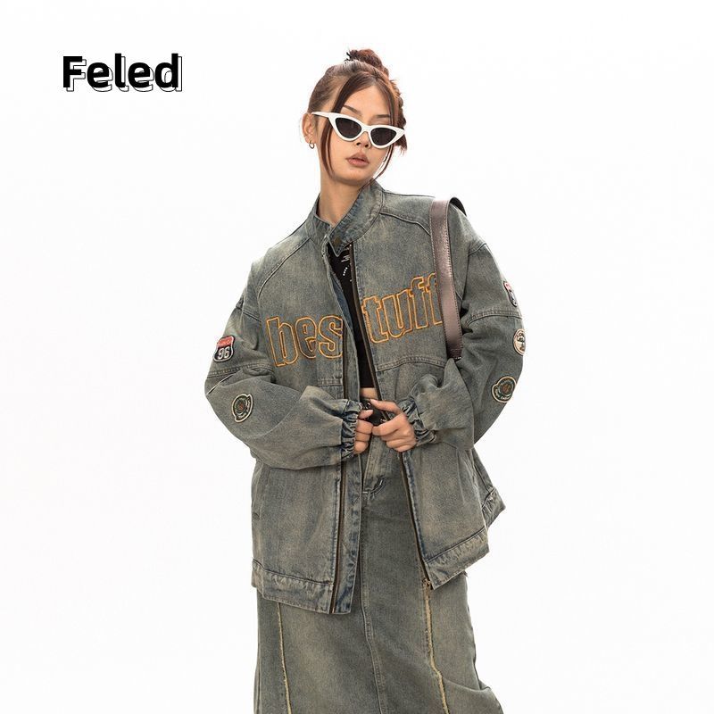 Feila Denton American retro motorcycle distressed all-match denim jacket for men and women early autumn new high street trendy jacket