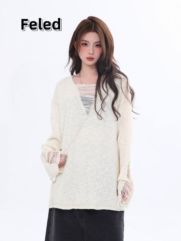 Feila Denton early autumn long-sleeved knitted blouse for men and women with niche design hollow loose and versatile sun protection top
