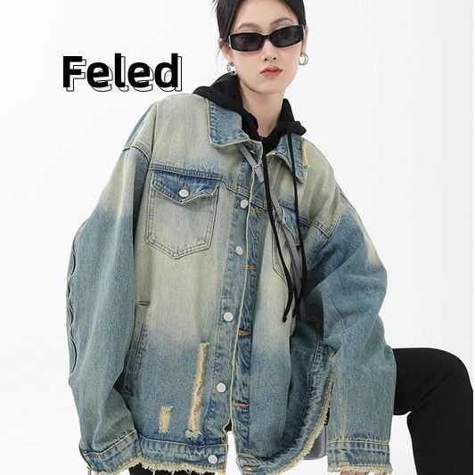 Feila Denton washed distressed ripped denim jacket for men and women American design niche gradient jacket trendy top