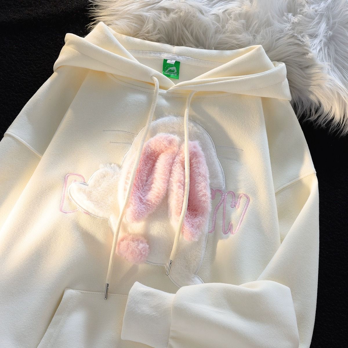 可愛立體毛絨兔子刺繡連帽衛衣男女秋冬季寬鬆休閒學院風情侶外套