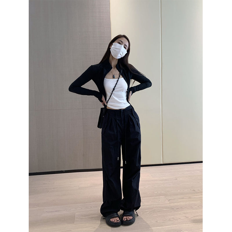 Autumn new style black parachute American overalls for women plus size fat girls versatile drawstring two-wear straight pants