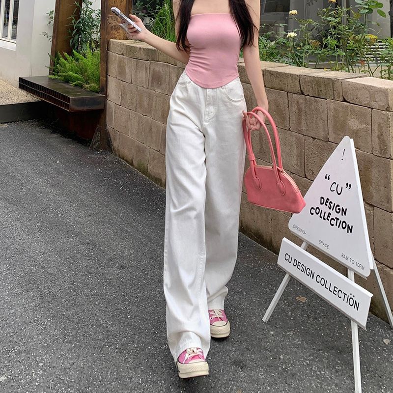 秋季美式高街寬鬆直筒白色高腰牛仔褲女韓版闊腿褲穿搭拖地長褲子