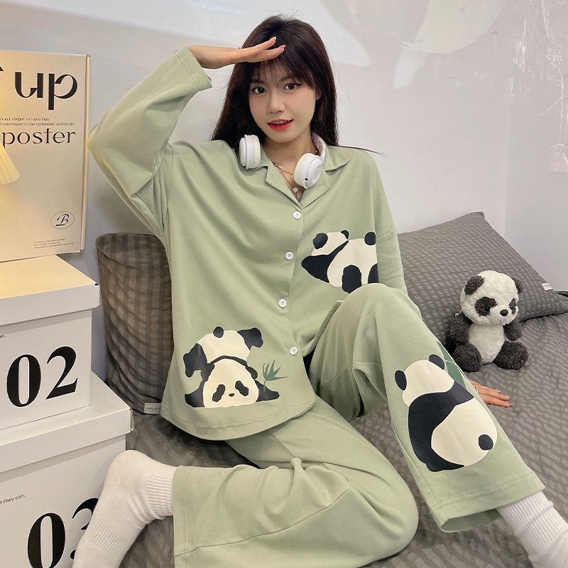 熊貓睡衣女春秋新款卡通開衫長袖套裝可愛學生ins寬鬆家居服外穿
