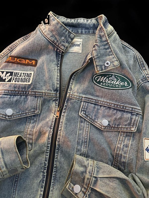 Feila Denton American retro denim jacket for men and women washed distressed work jacket stand-up collar versatile trendy top