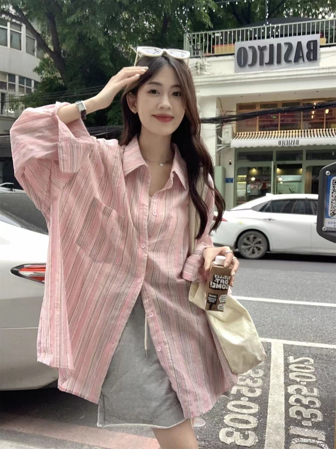 格瑞吉奧春秋新款棉質寬鬆粉色條紋襯衫女港風百搭顯瘦防曬外搭潮