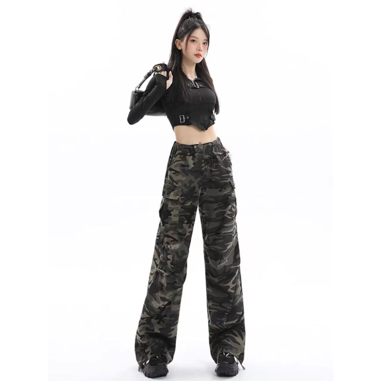 美式迷彩牛仔褲女工裝百搭秋冬季辣妹顯瘦寬鬆闊腿拖地長褲復古潮