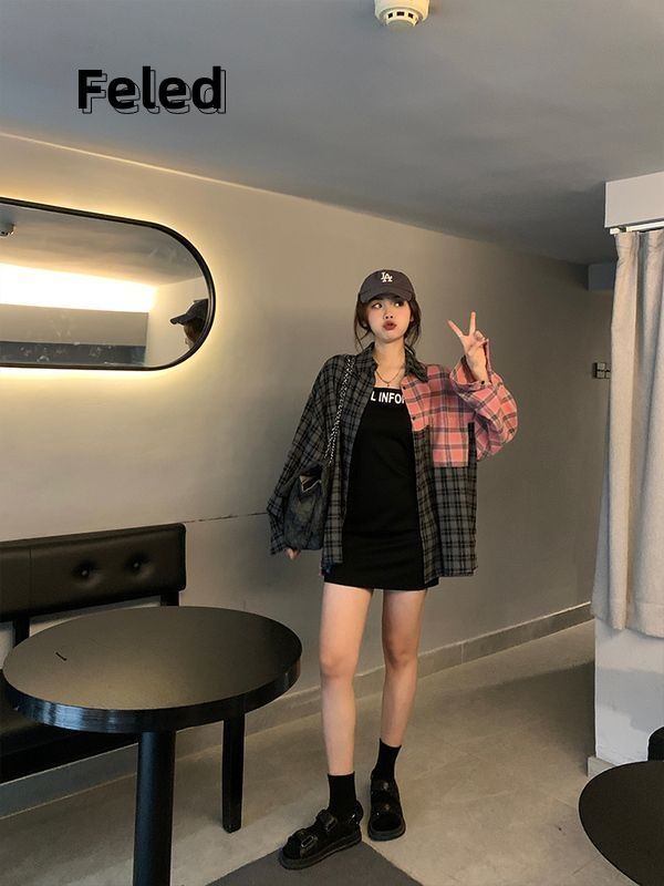 飛拉丹頓早秋新款甜酷時髦襯衫男女顯瘦炸街格紋百搭寬鬆潮上衣