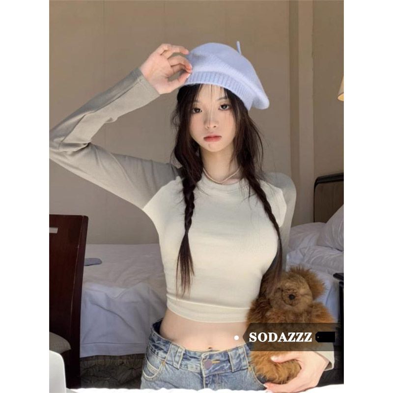 SODAZZZ美式短款露臍T恤女春秋設計感拼色插肩打底衫顯瘦上衣潮流