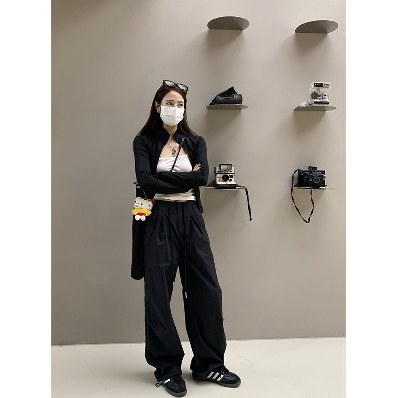 Autumn new style black parachute American overalls for women plus size fat girls versatile drawstring two-wear straight pants